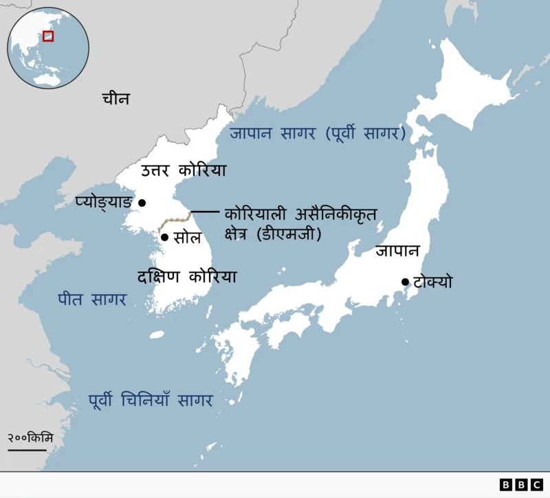चीन, उत्तर कोरिया, दक्षिण कोरिया र जापान अनि राजधानी प्योङ्याङ्, सोल र टोक्यो देखिने नक्सा