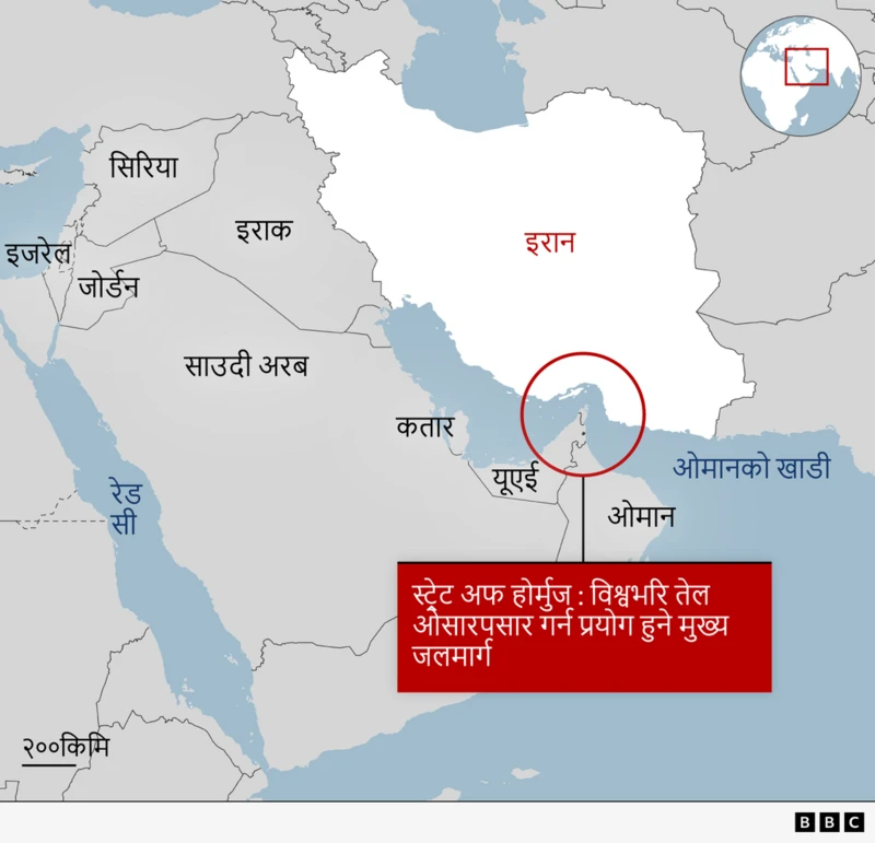इरान र वरपरका देश अनि स्ट्रेट अफ होर्मुज जलमार्ग देखाउने नक्सा