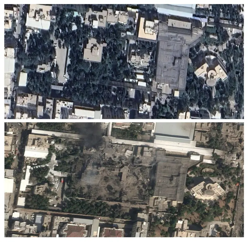 तेहरानस्थित आयतोल्लाह अली खामेनेईको निवास परिसरमा हमला अघि र पछिको दृश्य देखिने भूउपग्रहबाट खिचिएको तस्बिर

माथिल्लो तस्बिर सन् २०२५ को जुन २१ मा गुगल अर्थबाट झिकिएको हो र तल्लो तस्बिर सन् २०२६ को फेब्रुअरी २६ मा अमेरिकी-इजरेली हमलापछि देखिएको हो